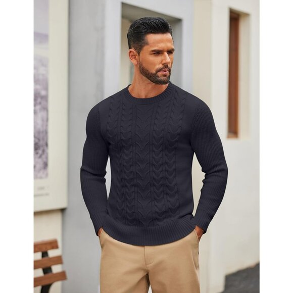 Coofandy Men Navy Blue Crewneck Pullover Twist Textured Fisherman Sweater - Picture 4 of 5
